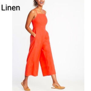 Women's Old Navy Orange Linen Blend Cropped Jumpsuit Plus Size XL Wide Leg Pants
